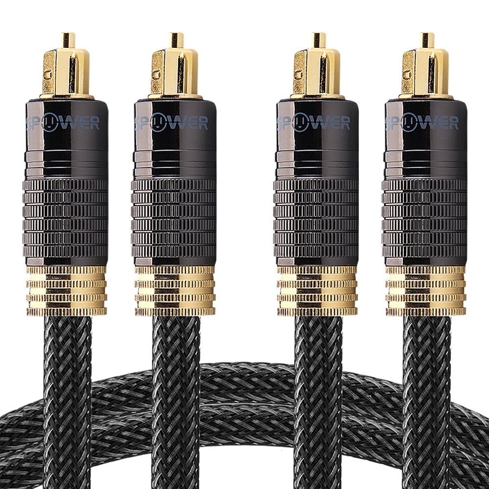 FosPower Gold Plated Toslink Male to Toslink Male Cable W/ Gray Nylon Mesh - Black - 3FT - 2 Pack