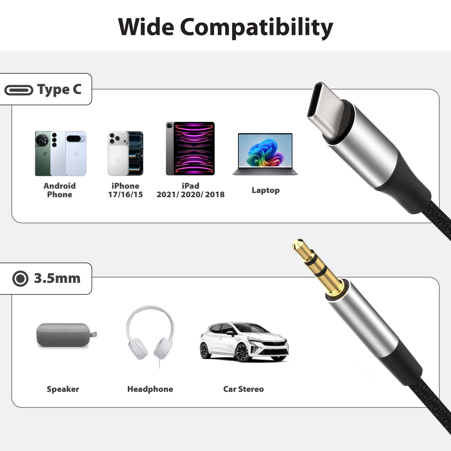 USB-C to 3.5mm Aux Adapter Braided Male to Male Audio Cable