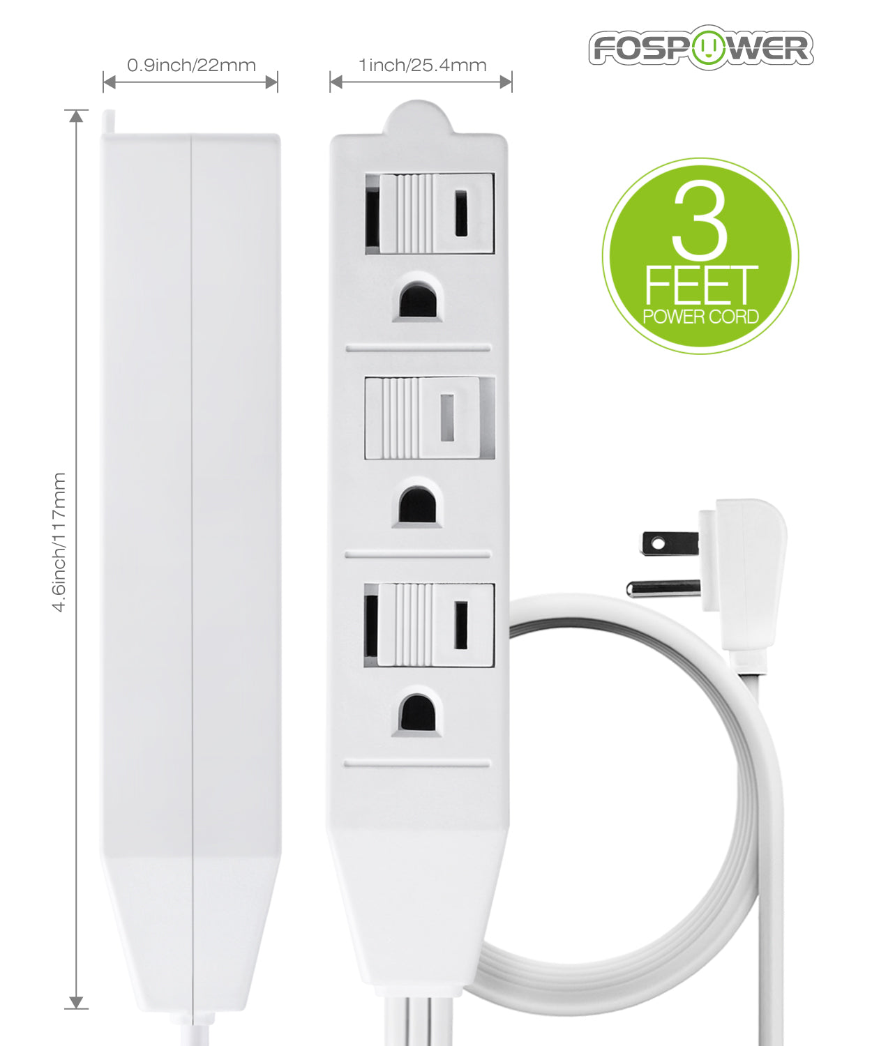 3FT Power Strip Indoor Extension Cord with 3-Outlet and Flat Plug