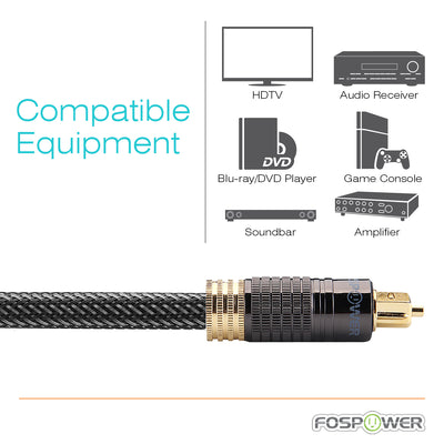 FosPower Gold Plated Toslink Male to Toslink Male Cable W/ Gray Nylon Mesh - Black - 3FT - 2 Pack
