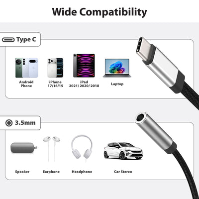 USB-C to 3.5mm Audio & USB-C Aux Dongle Male to Female Adapter