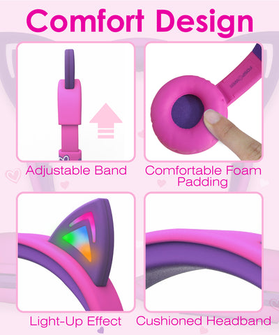 3.5mm On-Ear Stereo Headphones with Light Up Cat Ears for Kids