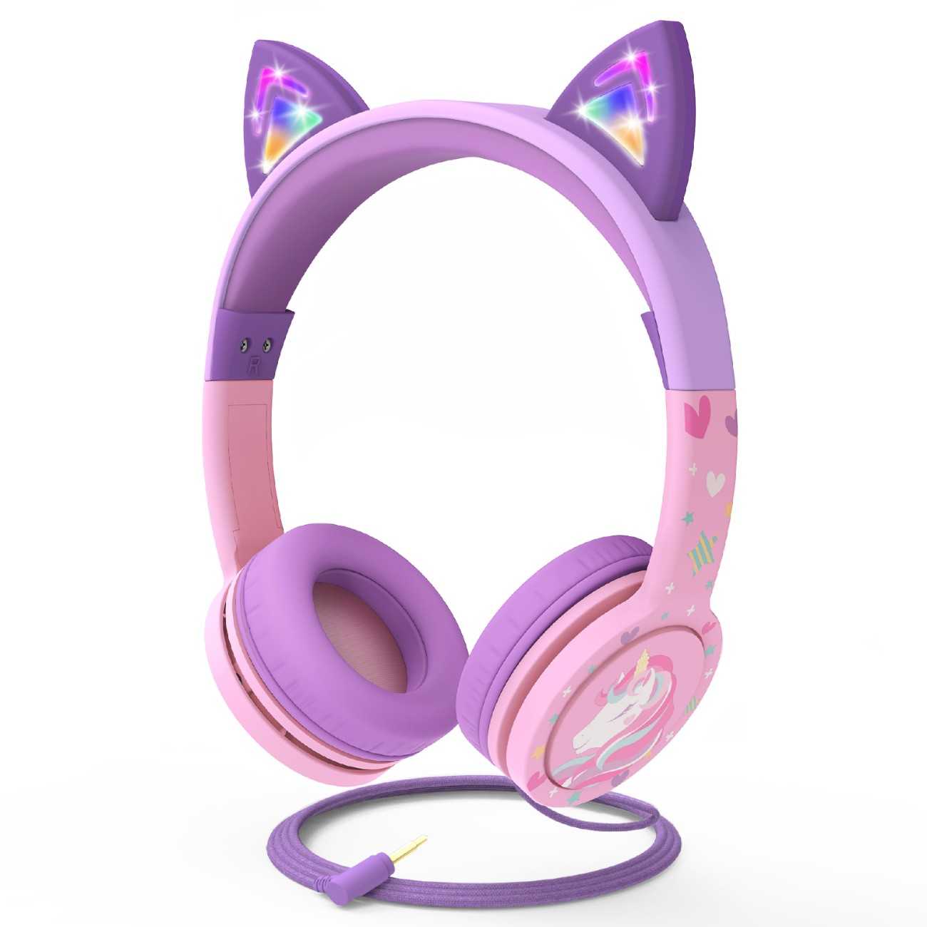 3.5mm On-Ear Stereo Headphones with Light Up Cat Ears for Kids
