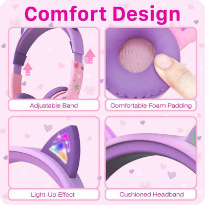 3.5mm On-Ear Stereo Headphones with Light Up Cat Ears for Kids