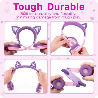 3.5mm On-Ear Stereo Headphones with Light Up Cat Ears for Kids