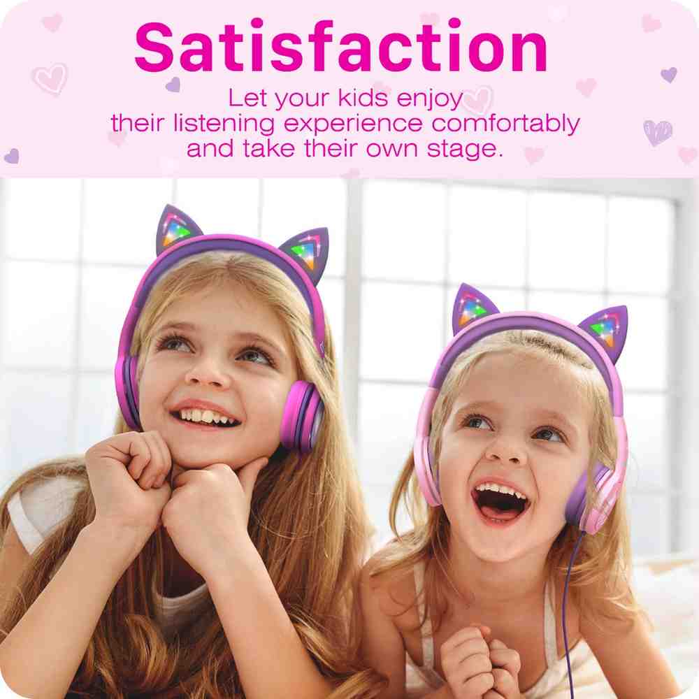 3.5mm On-Ear Stereo Headphones with Light Up Cat Ears for Kids