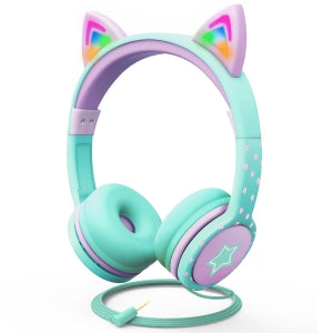 3.5mm On-Ear Stereo Headphones with Light Up Cat Ears for Kids