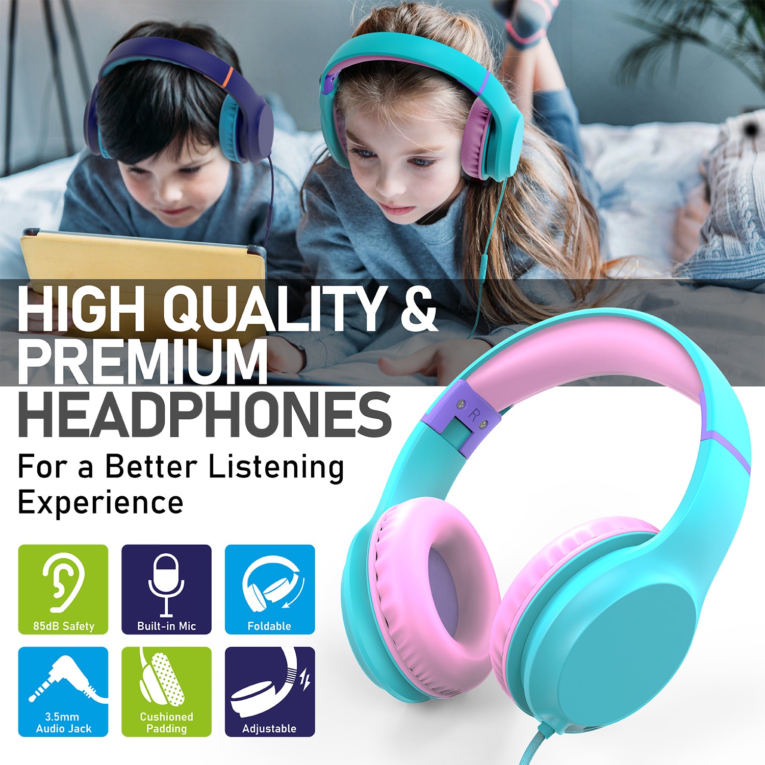 3.5mm On-Ear Stereo Foldable Headphones with Microphone for Kids