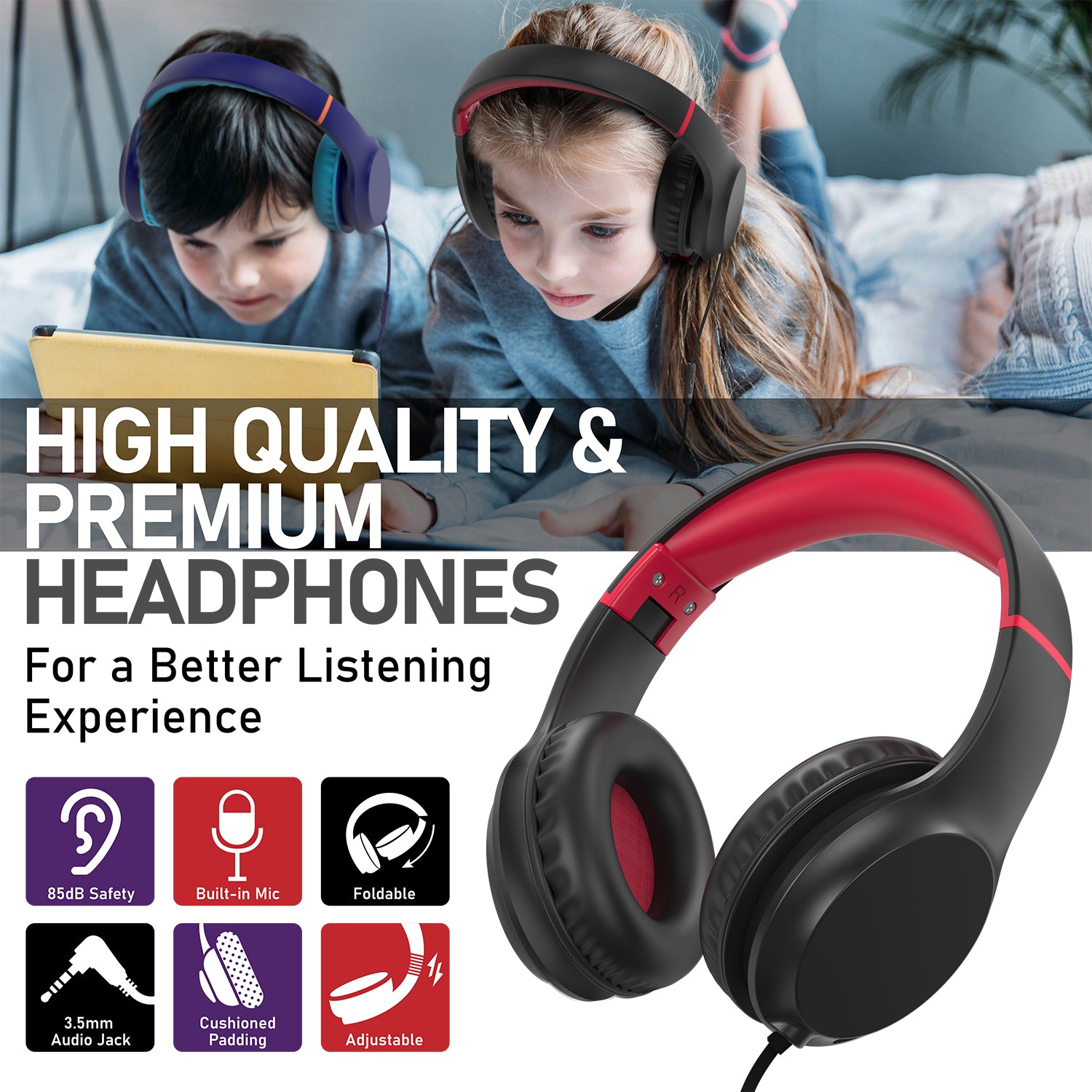 3.5mm On-Ear Stereo Foldable Headphones with Microphone for Kids