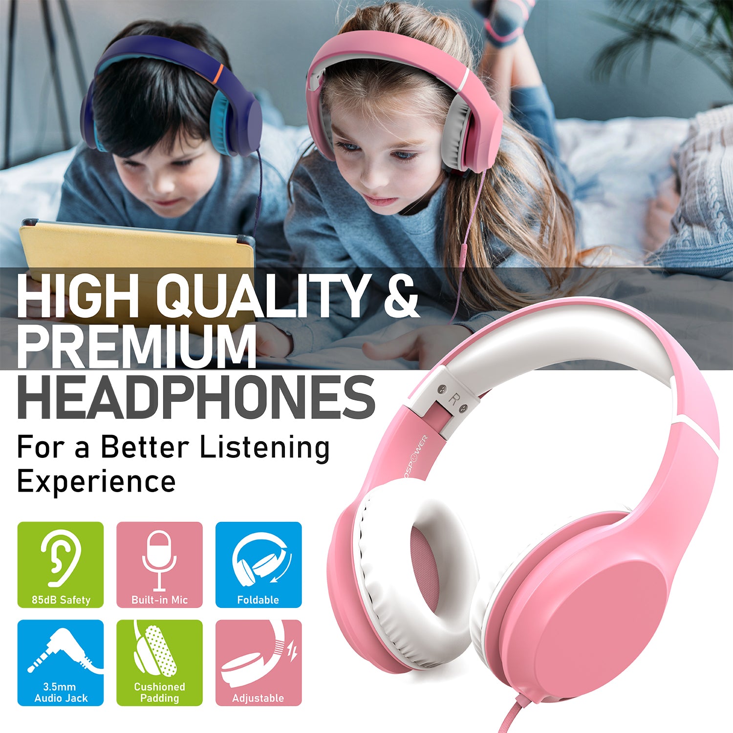 Kids Wired Headphones with Mic, USB-C Adapter for School, 85dB