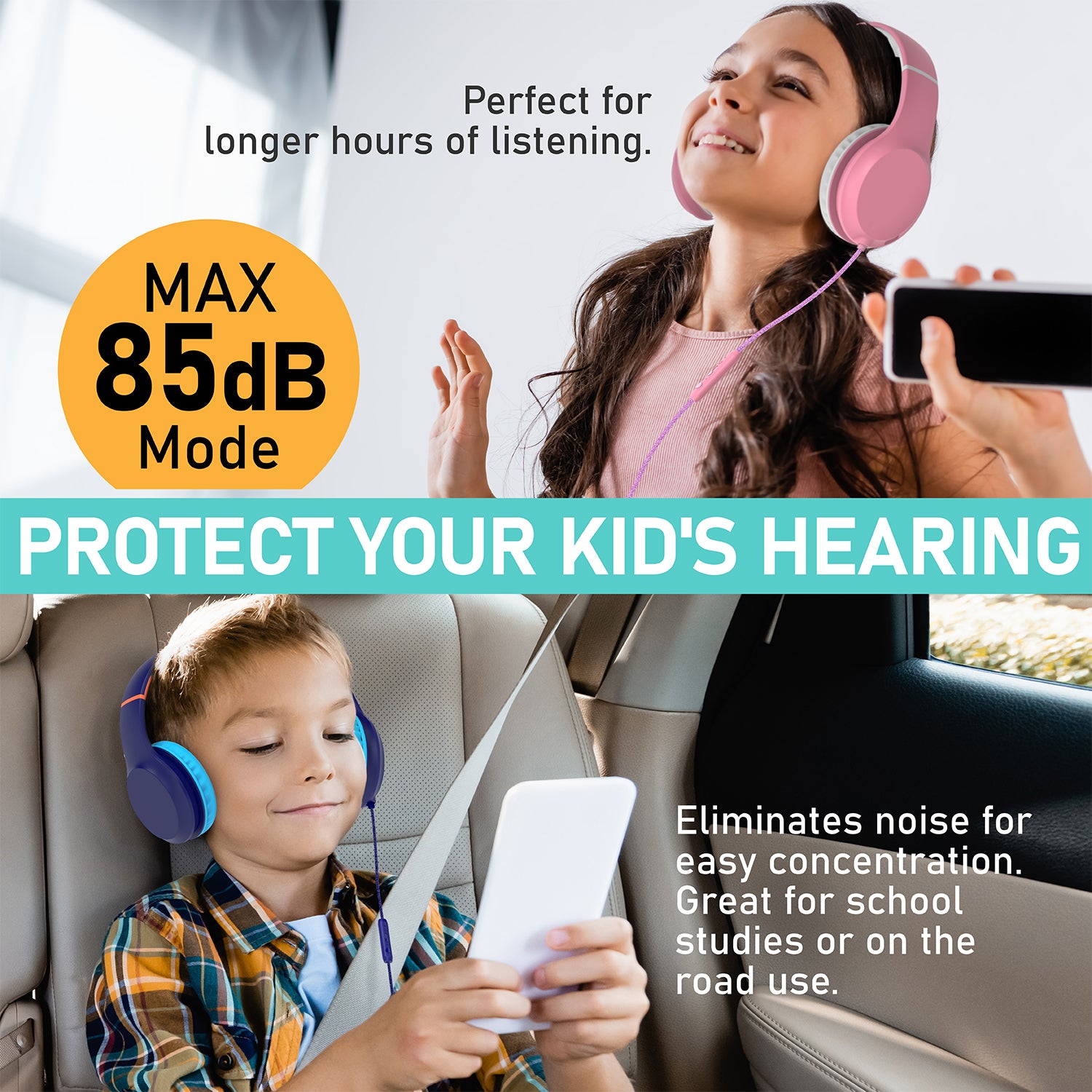 Kids Wired Headphones with Mic, USB-C Adapter for School, 85dB